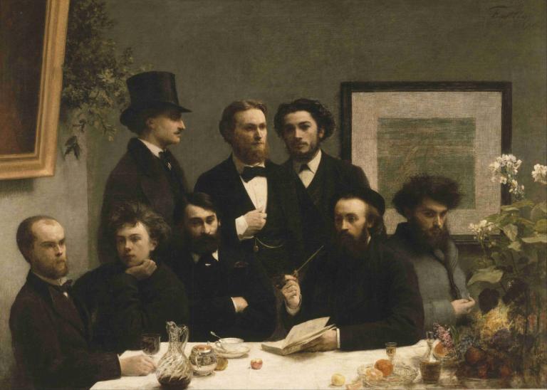 By The Table,Henri Fantin-Latour,Oil Painting,Oil Painting, multiple boys, facial hair, beard, male focus