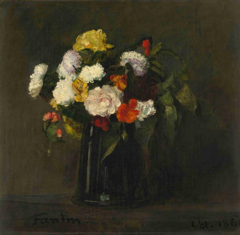 Fleurs,Henri Fantin-Latour,Oil Painting,Oil Painting, flower, bouquet, yellow flower, red flower