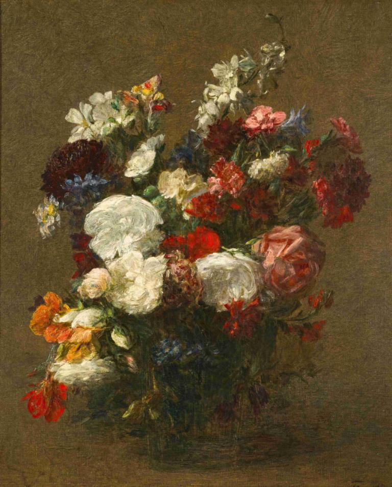 Fleurs Diverses,Henri Fantin-Latour,Oil Painting,Oil Painting, flower, solo, rose, white flower, red flower