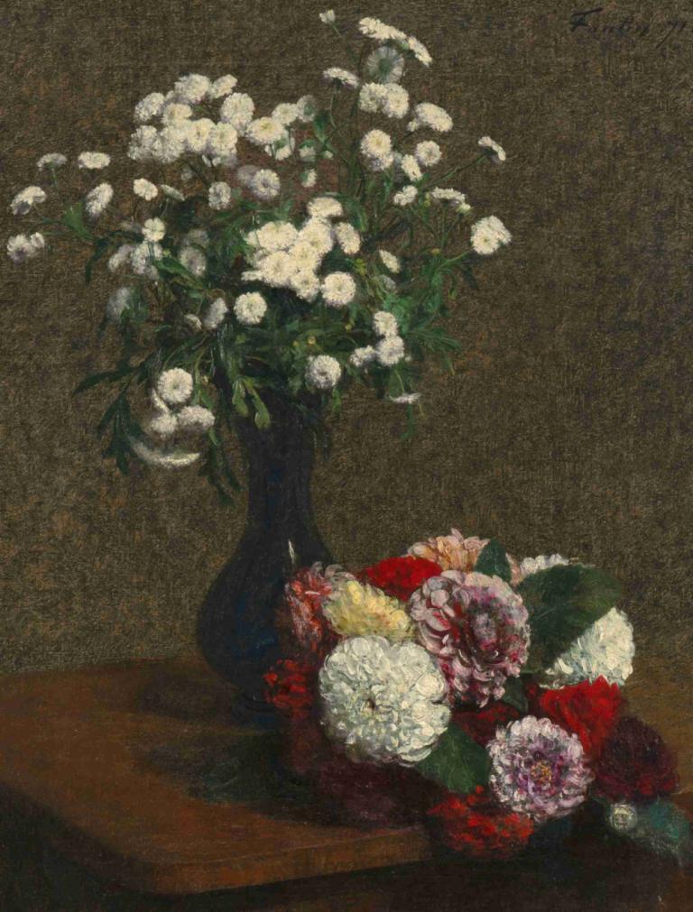 Fleurs; camomille et dahlias,Henri Fantin-Latour,Oil Painting,Oil Painting, flower, white flower, no humans