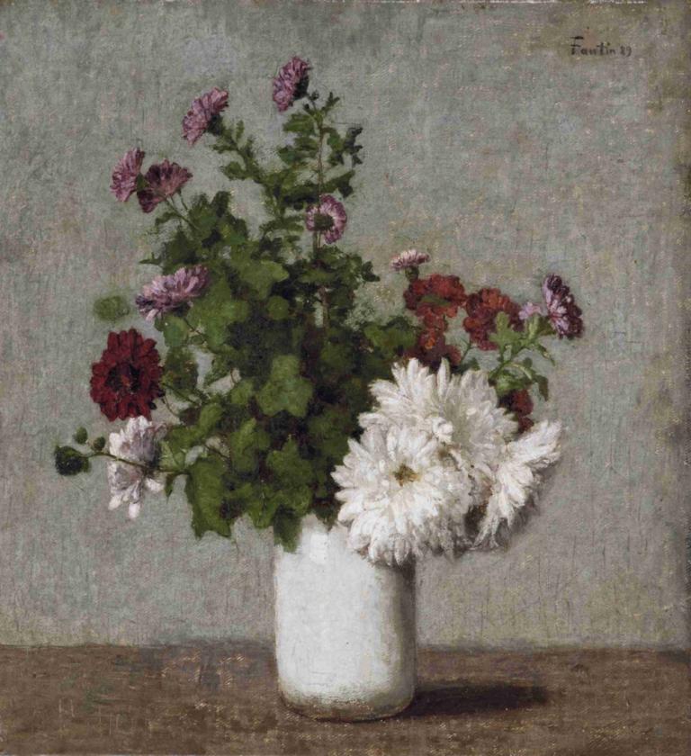 Flower Still Life, Autumn Chrysanthemums In A White Vase,Henri Fantin-Latour,Oil Painting,Oil Painting