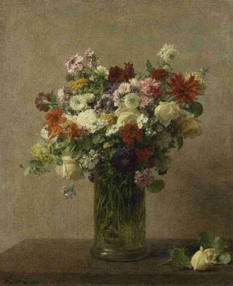 Flowers from Normandy,Henri Fantin-Latour,Oil Painting,Oil Painting, no humans, flower, still life, plant