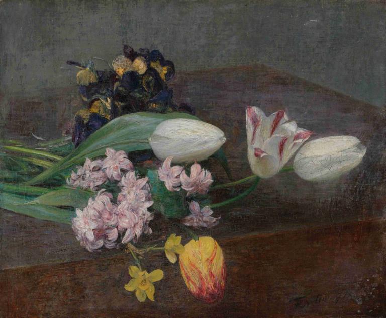 Jacinthes, Tulipes Et Pensées Posées Sur Une Table,Henri Fantin-Latour,Oil Painting,Oil Painting, flower