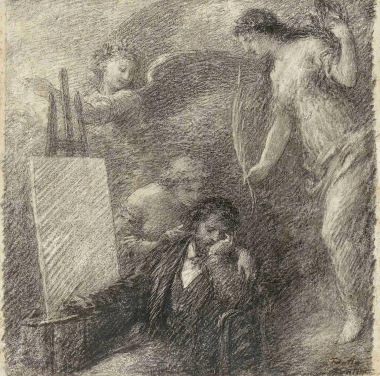 Le Découragement de l'artiste (The Discouraged Artist ),灰心丧气的艺术家,Henri Fantin-Latour,亨利-方丹-拉图尔,铜版画,铜版画, 单色