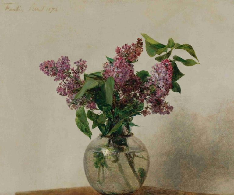 Lilas,利拉斯,Henri Fantin-Latour,亨利-方丹-拉图尔,油画,油画, 没有人类, 静物, 花, 简单的背景, 花瓶, 植物, 过时的, 叶子, 粉红色的花, 白色背景, 艺术家姓名, 传统媒体