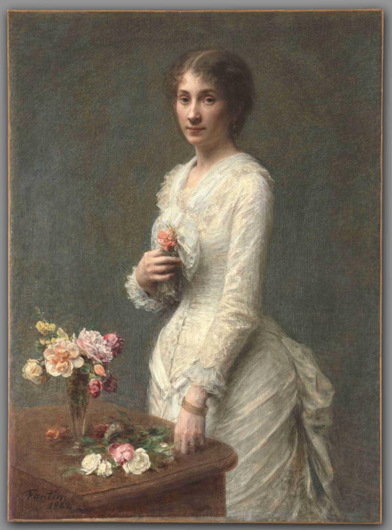 Madame Lerolle,勒罗尔夫人,Henri Fantin-Latour,亨利-方丹-拉图尔,油画,油画, 1个女孩, 独奏, 花, 美术模仿, 裙子, 实际的, 短发, 白色礼服, 保持, 看着观众