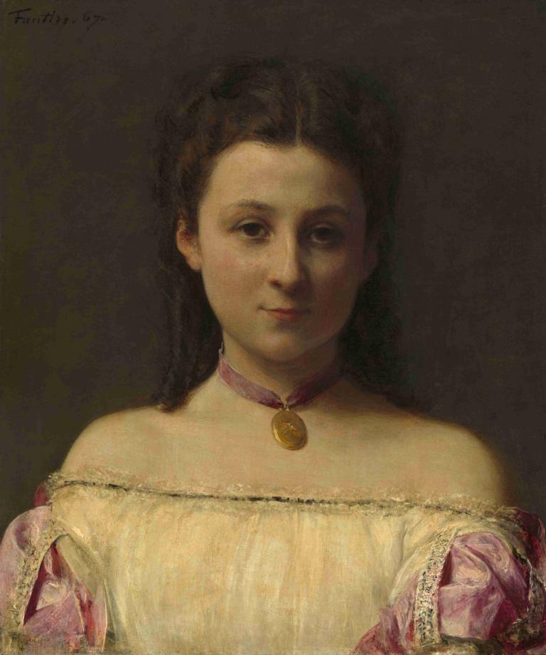 Mademoiselle de Fitz-James,菲茨-詹姆斯小姐,Henri Fantin-Latour,亨利-方丹-拉图尔,油画,油画, 1个女孩, 独奏, 实际的, 裙子, 棕色的头发, 看着观众