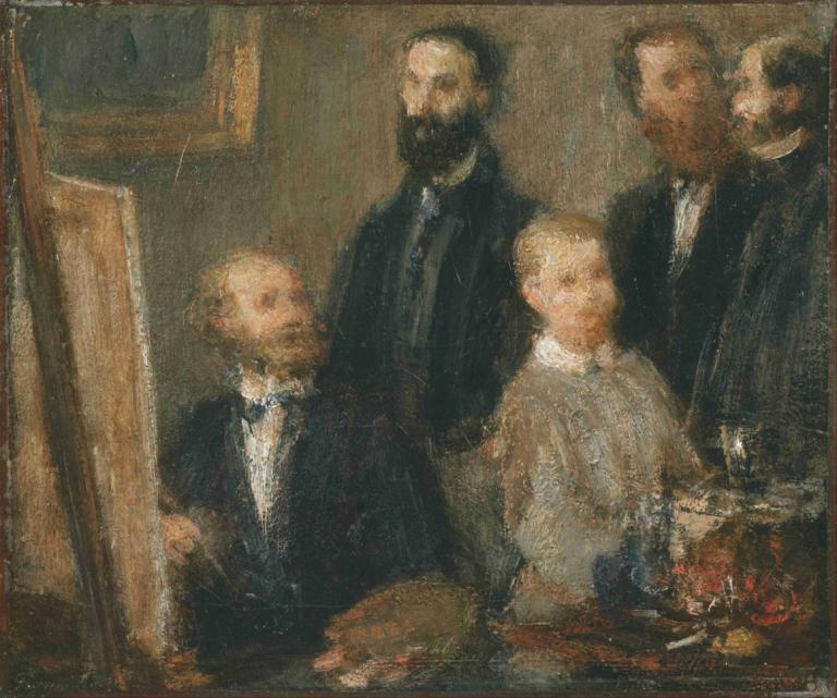 Manet in his Studio,马奈在他的工作室,Henri Fantin-Latour,亨利-方丹-拉图尔,油画,油画, 多个男孩, 绘画（物体）, 正式的, 美术模仿, 老的, 领结, 弓, 套装, 老人