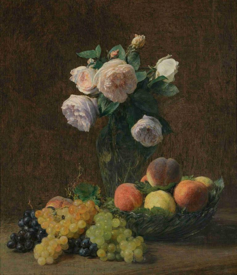 Nature Morte; Vase De Roses, Pêches Et Raisins,静物；玫瑰、桃子和葡萄花瓶,Henri Fantin-Latour,亨利-方丹-拉图尔,油画,油画, 水果, 食物