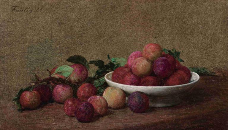 Nature morte aux prunes,梅花静物画,Henri Fantin-Latour,亨利-方丹-拉图尔,油画,油画, 没有人类, 食物, 水果, 食物焦点, 静物, 叶子, 实际的, 盘子, 过时的