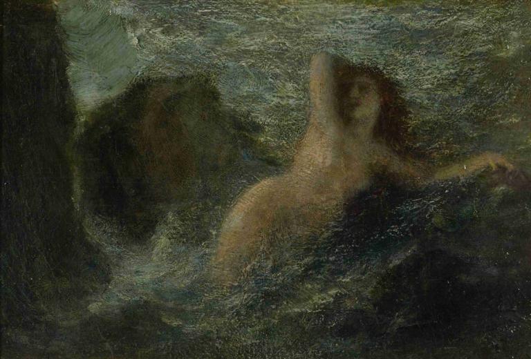 Ondine Or La Mer Or Nymphe,Henri Fantin-Latour,亨利-方丹-拉图尔,油画,油画, 水, 1个女孩, 独奏, 裸体, 部分淹没, 棕色的头发, 美术模仿, 长发, 传统媒体