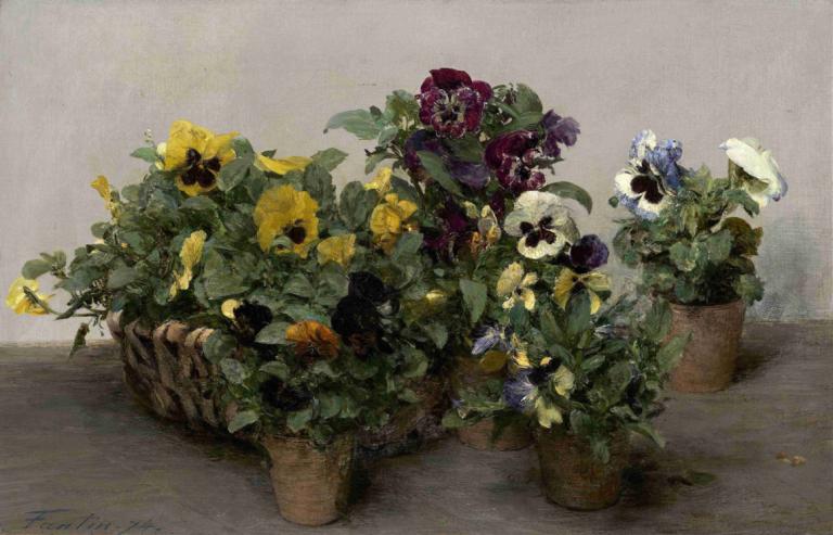 Pansies,三色堇,Henri Fantin-Latour,亨利-方丹-拉图尔,油画,油画, 没有人类, 花, 植物, 紫色的花, 黄花, 传统媒体, 叶子, 灰色背景, 绘画（中）, 向日葵