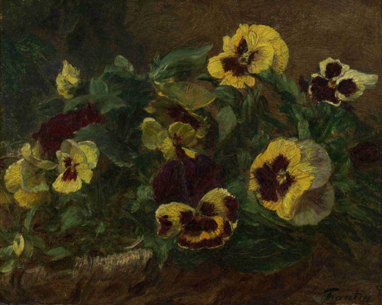 Pansies,三色堇,Henri Fantin-Latour,亨利-方丹-拉图尔,油画,油画, 花, 没有人类, 静物, 叶子, 向日葵, 黄花, 植物, 签名, 传统媒体