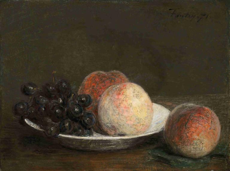 Peaches and grapes in a porcelain bowl,瓷碗中的桃子和葡萄,Henri Fantin-Latour,亨利-方丹-拉图尔,油画,油画, 没有人类, 盘子, 食物, 静物, 食物焦点