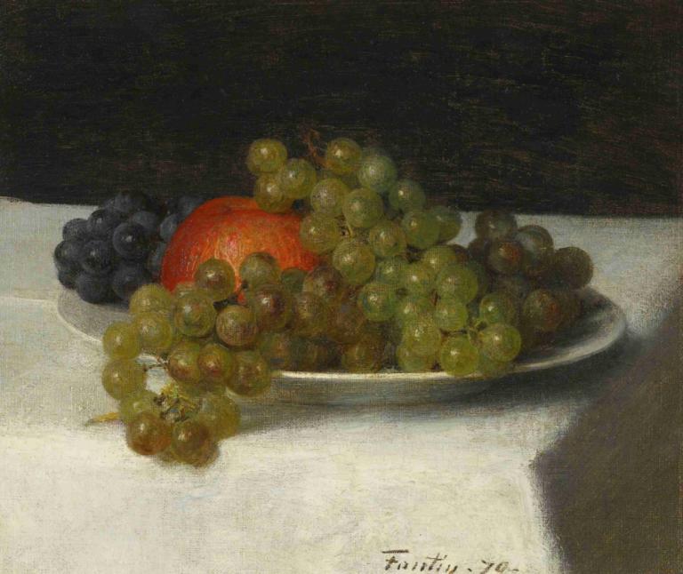 Pommes Et Raisins,苹果和葡萄,Henri Fantin-Latour,亨利-方丹-拉图尔,油画,油画, 食物, 水果, 葡萄, 食物焦点, 盘子, 没有人类, 静物, 传统媒体, 蓝莓