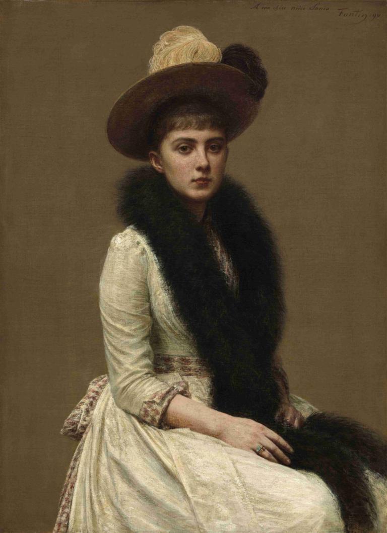 Portrait of Sonia,索尼娅肖像,Henri Fantin-Latour,亨利-方丹-拉图尔,油画,油画, 帽子, 珠宝, 独奏, 1个女孩, 裙子, 实际的, 戒指, 黑发, 白色礼服, 角色扮演