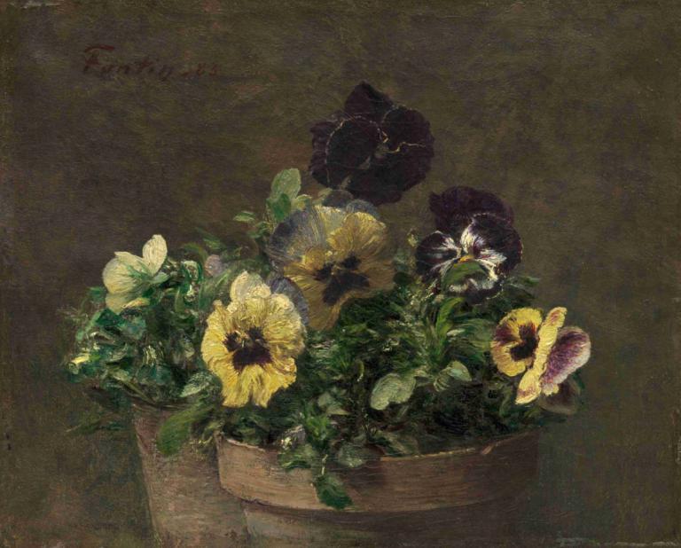 Potted Pansies,盆栽三色堇,Henri Fantin-Latour,亨利-方丹-拉图尔,油画,油画, 花, 没有人类, 植物, 静物, 向日葵, 简单的背景, 花盆, 盆栽, 叶子