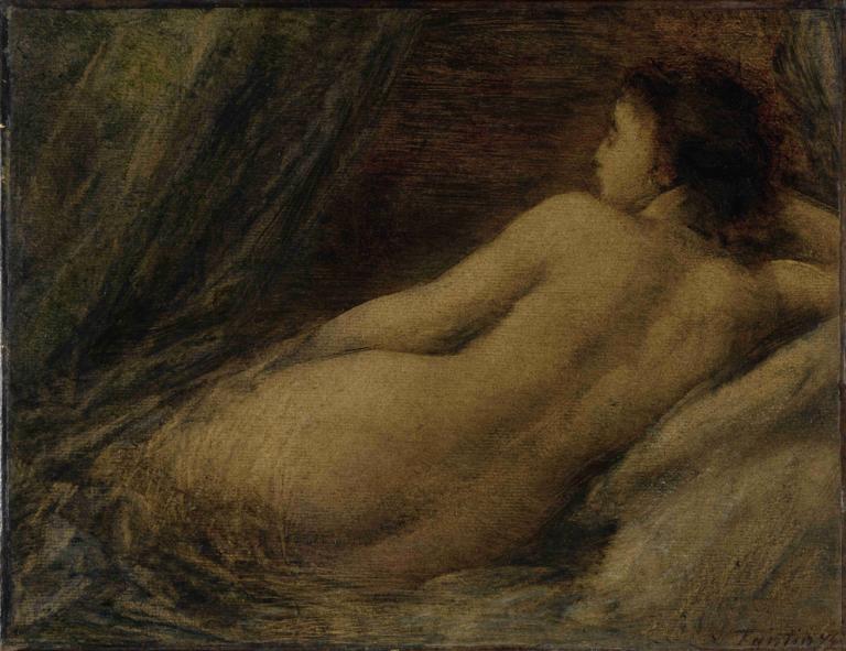 Reclining Nude,裸体卧姿,Henri Fantin-Latour,亨利-方丹-拉图尔,油画,油画, 独奏, 裸体, 男性焦点, 1男孩, 说谎, 床, 屁股, 后退, 黑发, 从后面, 1个女孩, 美术模仿