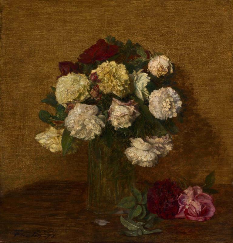 Roses In A Vase,花瓶中的玫瑰,Henri Fantin-Latour,亨利-方丹-拉图尔,油画,油画, 花, 没有人类, 静物, 红花, 棕色背景, 白色的花, 玫瑰, 叶子, 花束, 植物