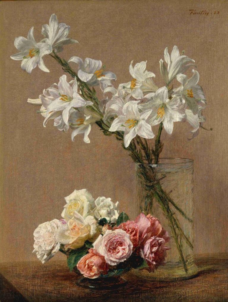 Roses and Lilies,玫瑰与百合,Henri Fantin-Latour,亨利-方丹-拉图尔,油画,油画, 花, 没有人类, 静物, 白色的花, 棕色背景, 红花, 植物, 玫瑰, 花束, 叶子, 过时的