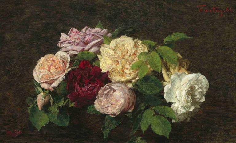 Roses de Nice on a Table,来自 Nice on a Table 的玫瑰,Henri Fantin-Latour,亨利-方丹-拉图尔,油画,油画, 没有人类, 花, 静物, 玫瑰, 白色的花