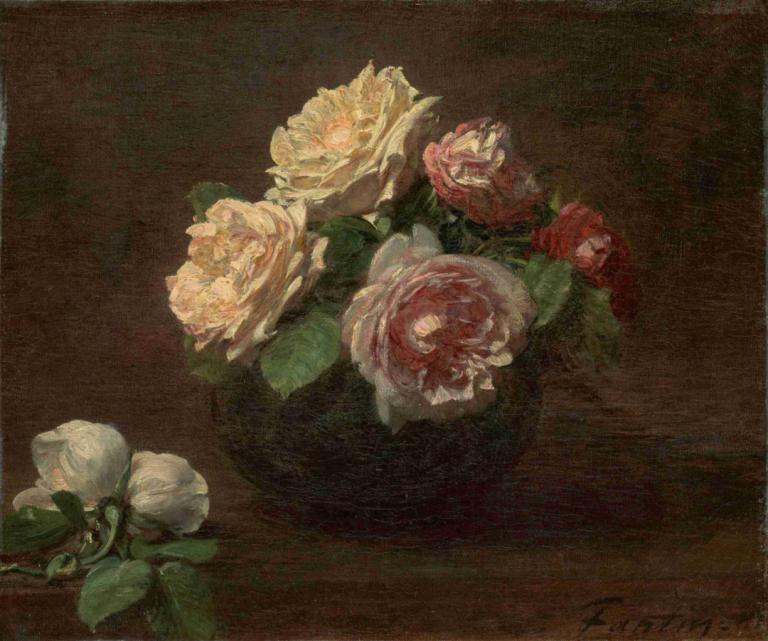 Roses in a Bowl,碗中玫瑰,Henri Fantin-Latour,亨利-方丹-拉图尔,油画,油画, 花, 玫瑰, 花束, 红花, 棕色背景, 叶子