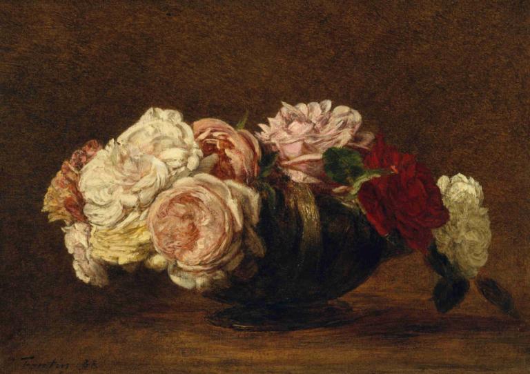 Roses in a Bowl,碗中玫瑰,Henri Fantin-Latour,亨利-方丹-拉图尔,油画,油画, 花, 没有人类, 静物, 玫瑰, 棕色背景, 简单的背景, 红花, 食物焦点, 花束, 食物, 叶子