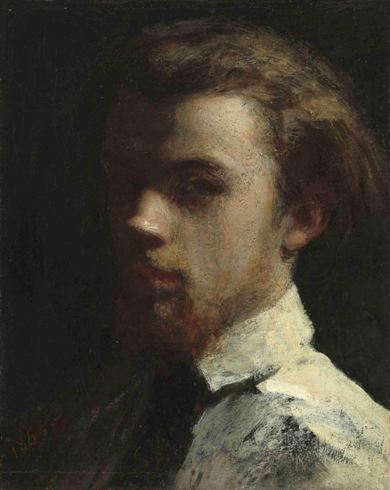 Self-Portrait,自画像,Henri Fantin-Latour,亨利-方丹-拉图尔,油画,油画, 1男孩, 独奏, 男性焦点, 衬衫, 实际的, 黑色背景, 白衬衫, 肖像, 棕色的头发, 金头发, 闭着嘴