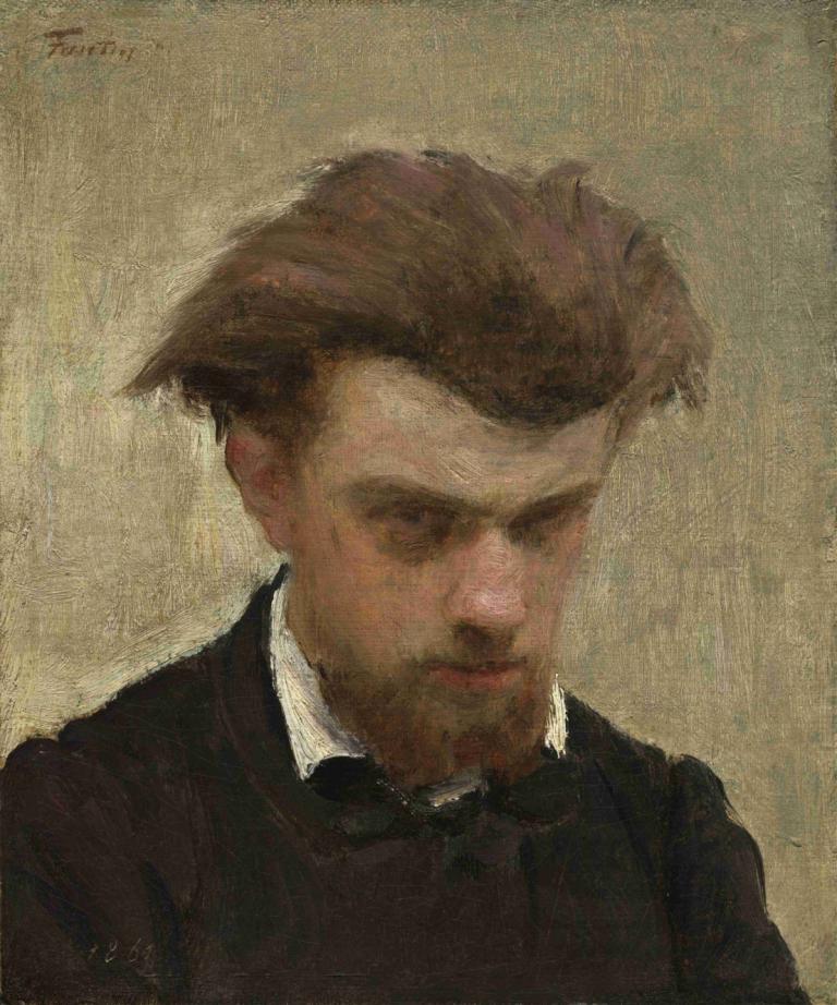 Self-Portrait,自画像,Henri Fantin-Latour,亨利-方丹-拉图尔,油画,油画, 1男孩, 独奏, 男性焦点, 实际的, 棕色的头发, 胡子, 领结, 弓, 上半身, 正式的, 衬衫