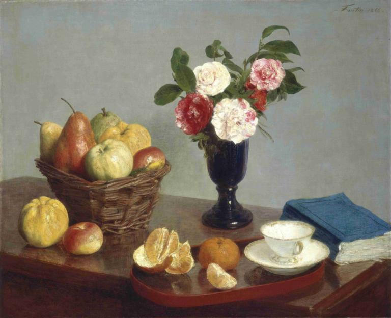 Still Life,静物,Henri Fantin-Latour,亨利-方丹-拉图尔,油画,油画, 水果, 没有人类, 食物, 静物, 花, 食物焦点, 苹果, 杯子, 灰色背景, 白色的花, 实际的, 叶子, 书