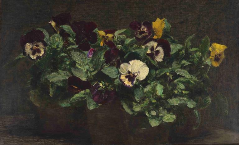 Still Life With Pansies,三色堇静物画,Henri Fantin-Latour,亨利-方丹-拉图尔,油画,油画, 花, 没有人类, 静物, 植物, 黄花, 叶子, 向日葵