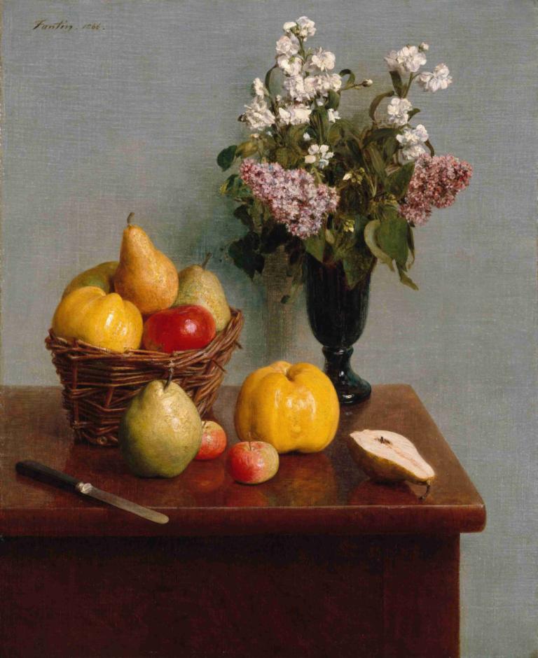 Still Life with Flowers and Fruit,花果静物,Henri Fantin-Latour,亨利-方丹-拉图尔,油画,油画, 水果, 食物, 静物, 没有人类, 花, 实际的, 桌子