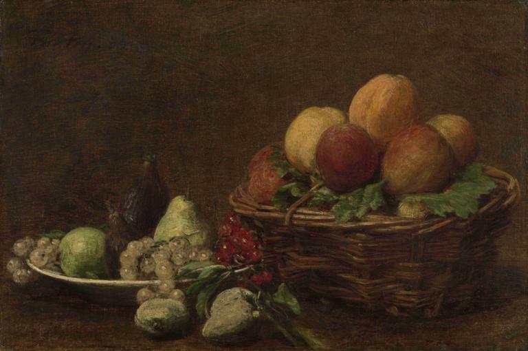 Still Life with Fruit,水果静物画,Henri Fantin-Latour,亨利-方丹-拉图尔,油画,油画, 没有人类, 食物, 食物焦点, 水果, 静物, 蔬菜, 篮子, 碗, 实际的, 番茄