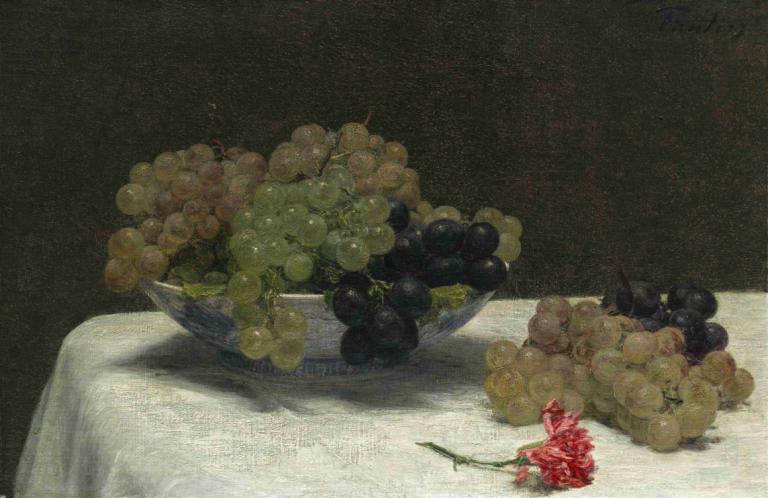 Still Life with Grapes and a Carnation,葡萄与康乃馨静物画,Henri Fantin-Latour,亨利-方丹-拉图尔,油画,油画, 水果, 食物, 葡萄, 没有人类, 食物焦点