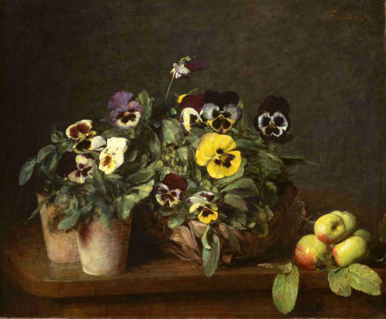 Still Life with Pansies,三色堇静物画,Henri Fantin-Latour,亨利-方丹-拉图尔,油画,油画, 没有人类, 花, 水果, 静物, 食物, 植物, 叶子, 实际的, 签名, 食物焦点