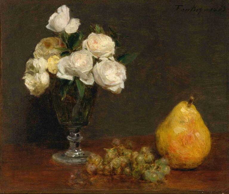 Still Life with Roses and Fruit,玫瑰与水果静物画,Henri Fantin-Latour,亨利-方丹-拉图尔,油画,油画, 没有人类, 花, 静物, 水果, 食物, 白色的花, 食物焦点