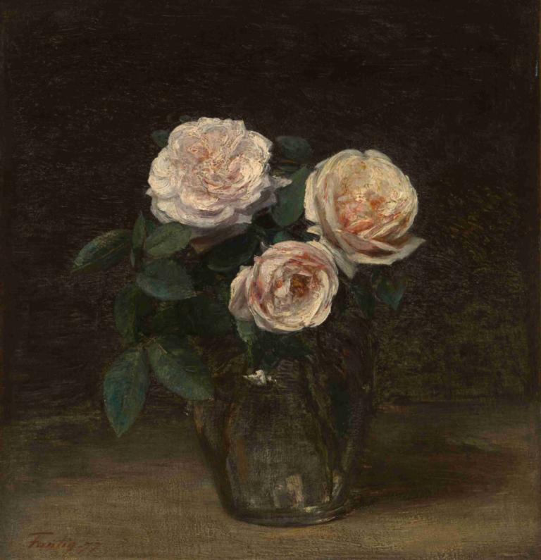 Still Life with Roses,玫瑰静物,Henri Fantin-Latour,亨利-方丹-拉图尔,油画,油画, 花, 没有人类, 静物, 玫瑰, 白色的花, 植物, 叶子, 签名, 白玫瑰, 黑色背景