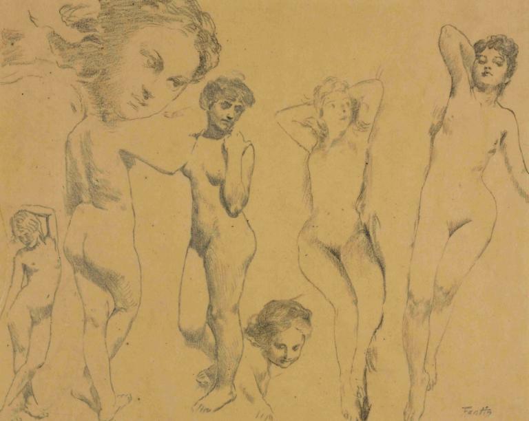 Studies of Female Nudes,女性裸体研究,Henri Fantin-Latour,亨利-方丹-拉图尔,素描,素描, 裸体, 单色, 草图, 多个女孩, 乳房, 传统媒体, 乳头, 小乳房, 赤脚