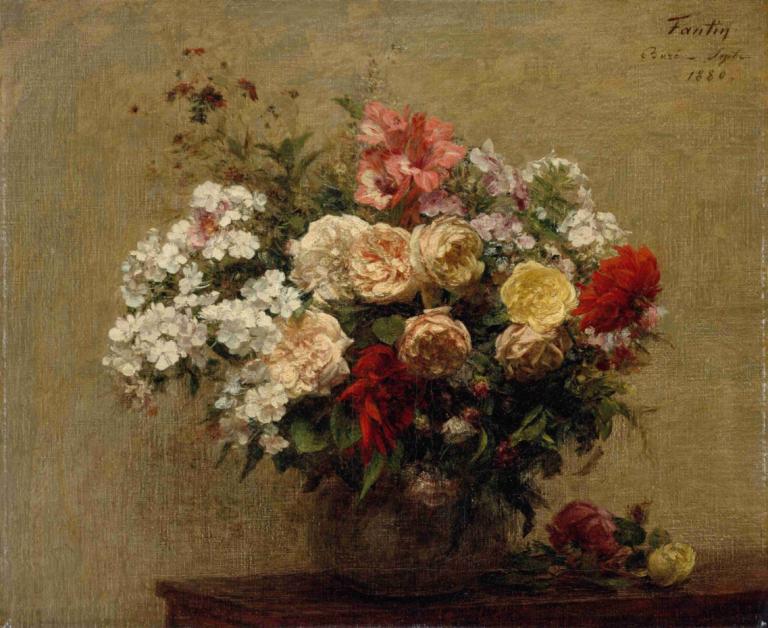 Summer Flowers,Sommerblomster,Henri Fantin-Latour,Oliemaleri,Oliemaleri, blomst, Rose, buket, hvid blomst