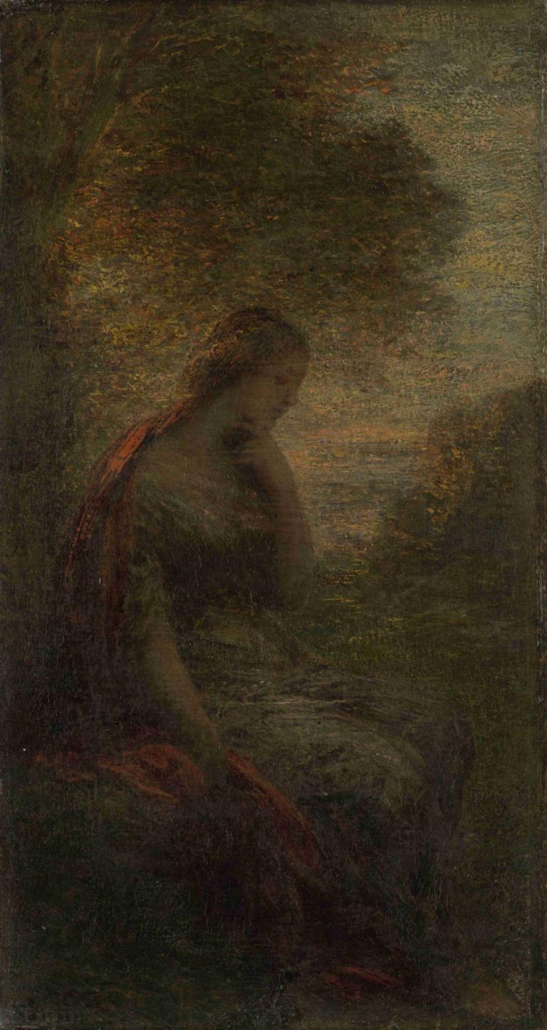 Young Woman under a Tree at Sunset, called 'Autumn',夕阳下树下的年轻女子，名为《秋天,Henri Fantin-Latour,亨利-方丹-拉图尔,油画,油画