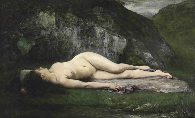 A Sleeping Bather,Henri Gervex,Oil Painting,Oil Painting, 1girl, fine art parody, solo, nude, lying, breasts