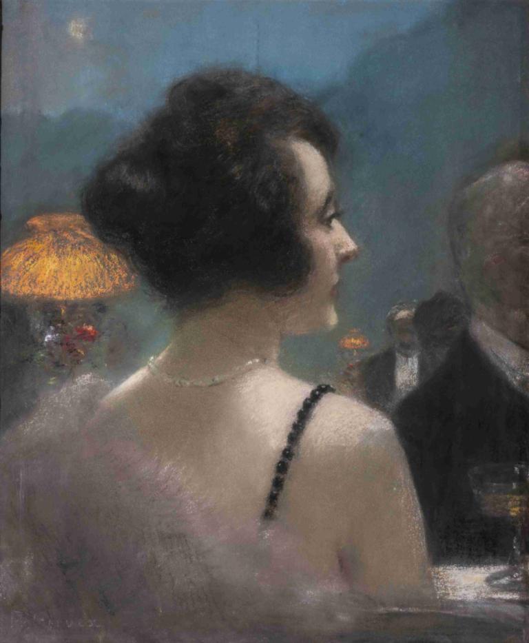 An Elegant Lady,Henri Gervex,Oil Painting,Oil Painting, 1girl, black hair, short hair, from behind, bra