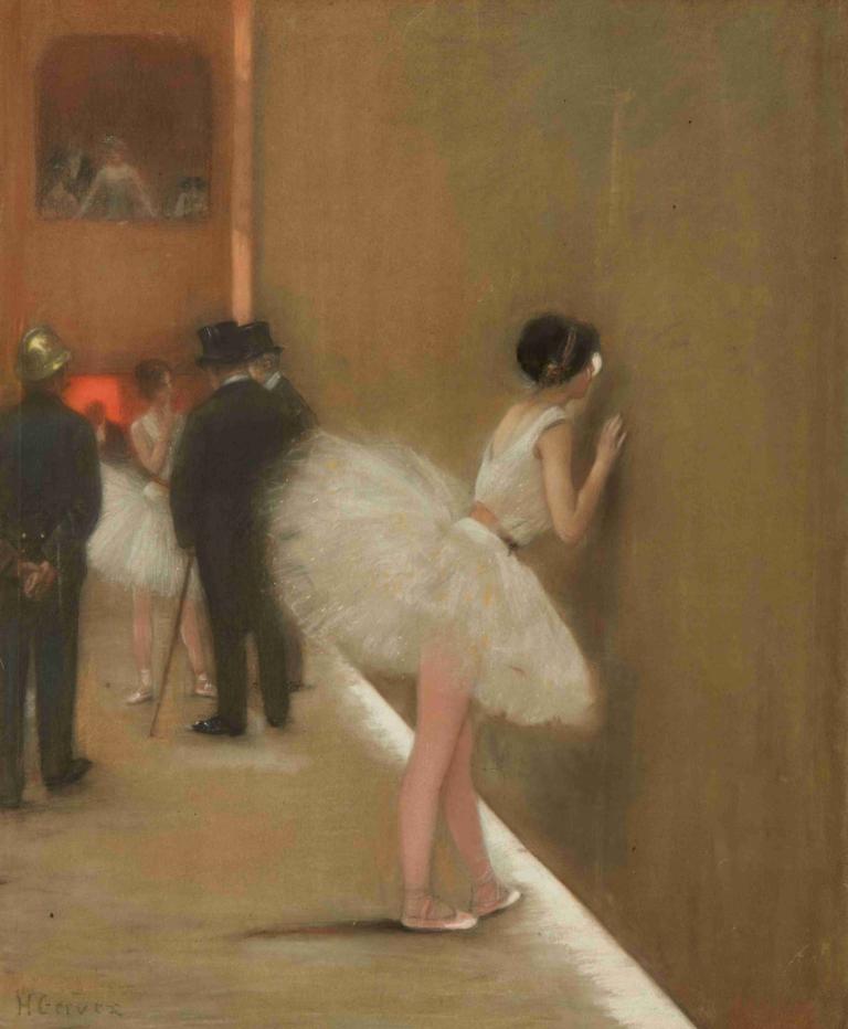 Behind the curtain at the ballet,Henri Gervex,Oil Painting,Oil Painting, ballerina, tutu, multiple boys