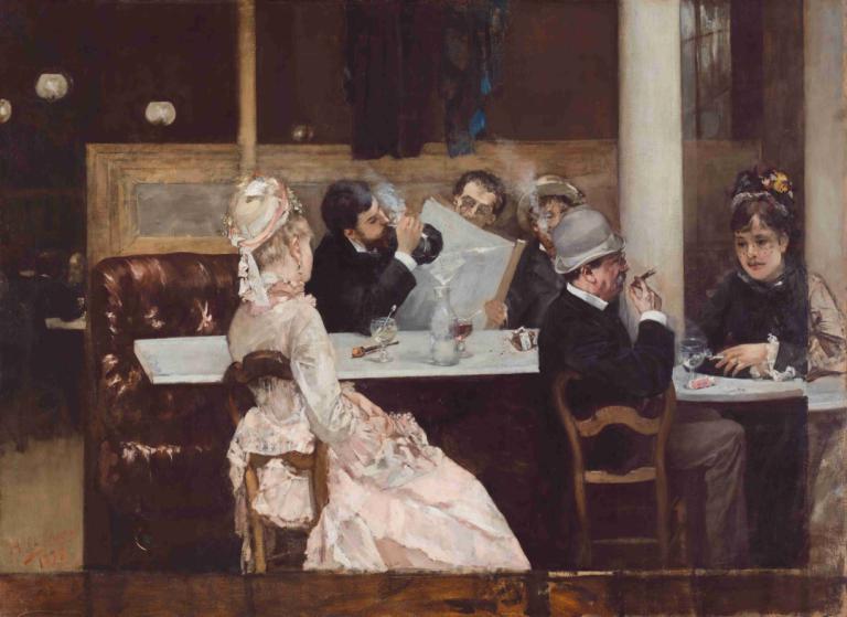 Café Scene In Paris,파리의 카페 풍경,Henri Gervex,앙리 제벡스,오일 페인팅,오일 페인팅, 테이블, 드레스, 여러 소년, 미술 패러디, 좌석, 여러 여자, 모자, 흑발