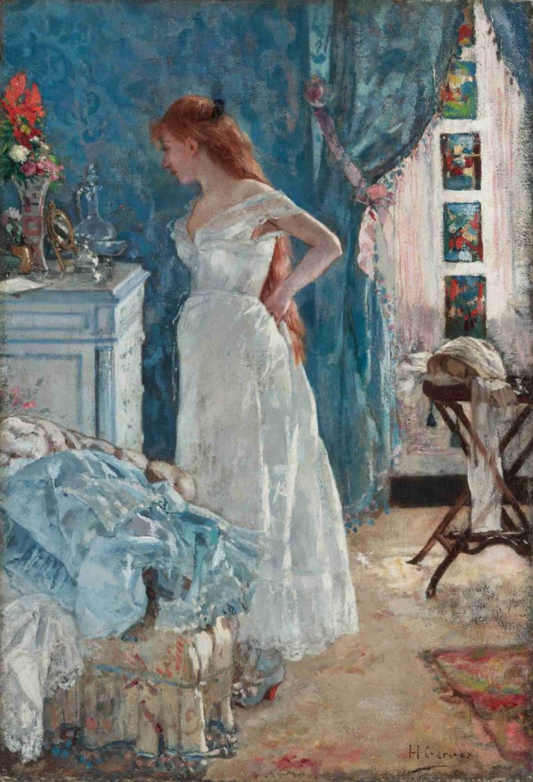 La Toilette,Henri Gervex,Oil Painting,Oil Painting, 1girl, dress, painting (medium), white dress, long hair