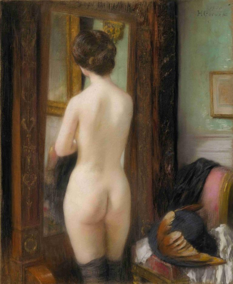 Nu à la psyche,Henri Gervex,Oil Painting,Oil Painting, 1girl, nude, ass, solo, painting (object)