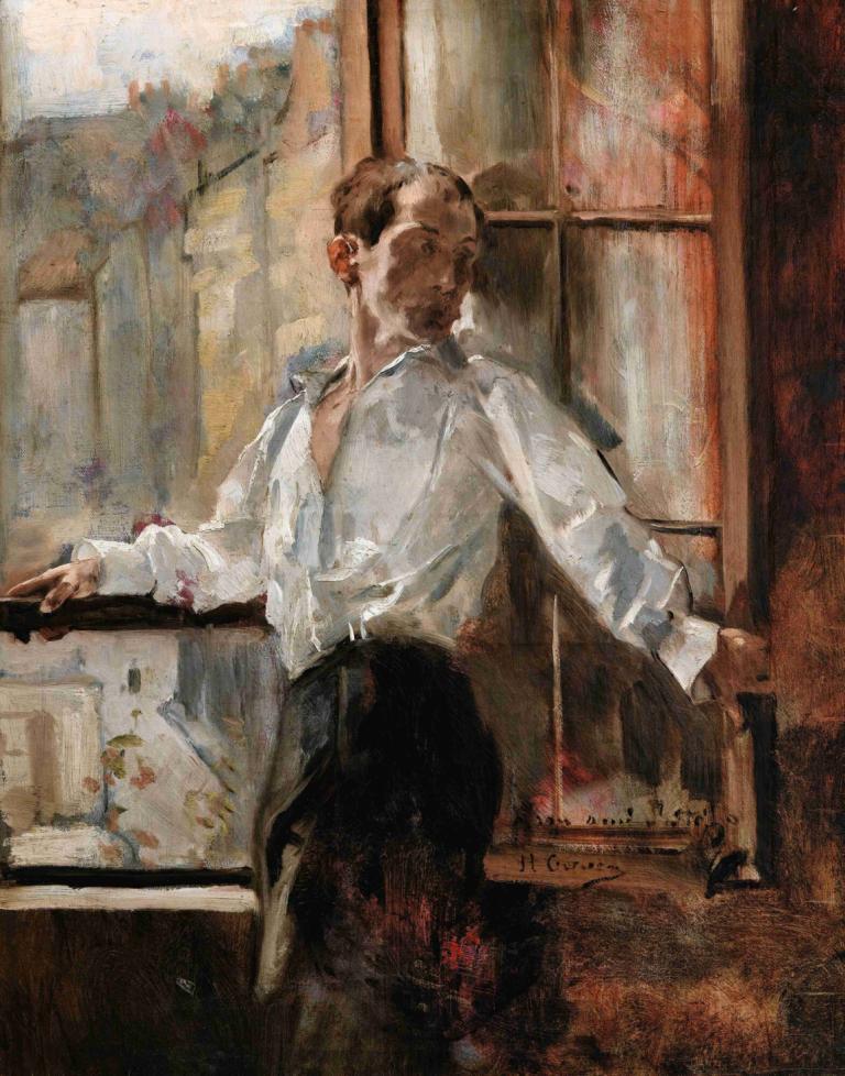 Rolla,Henri Gervex,Oil Painting,Oil Painting, shirt, solo, 1boy, male focus, white shirt, painting (medium)