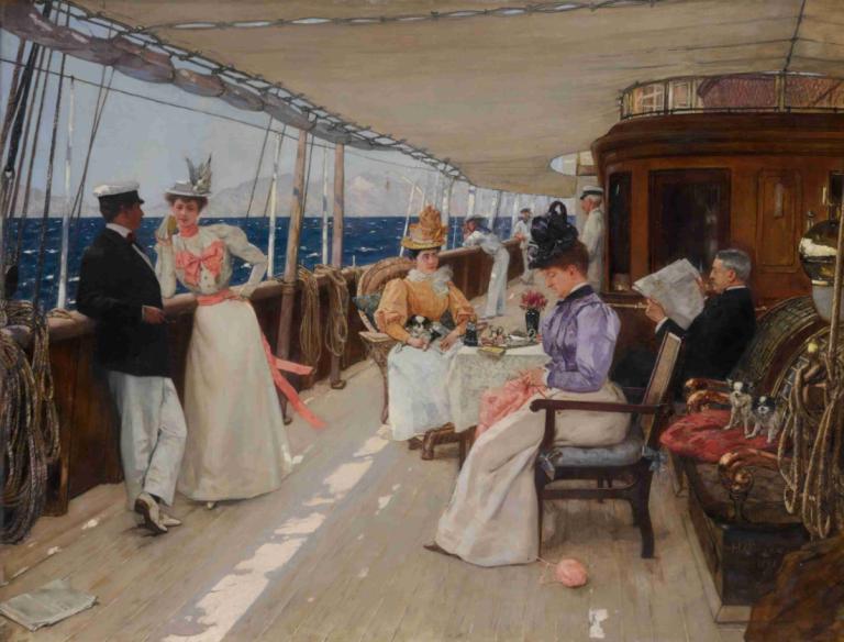 Yachting in the Archipelago,群島でのヨット遊び,Henri Gervex,アンリ・ジェルヴェ,油絵,油絵, 複数の男の子, 帽子, 水上バイク, ドレス, 椅子, 黒髪, 船, 美術パロディ