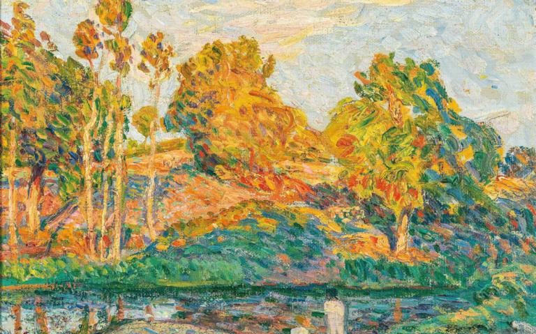 Au bord de la rivière,Henri Lebasque,Oil Painting,Oil Painting, outdoors, scenery, tree, traditional media