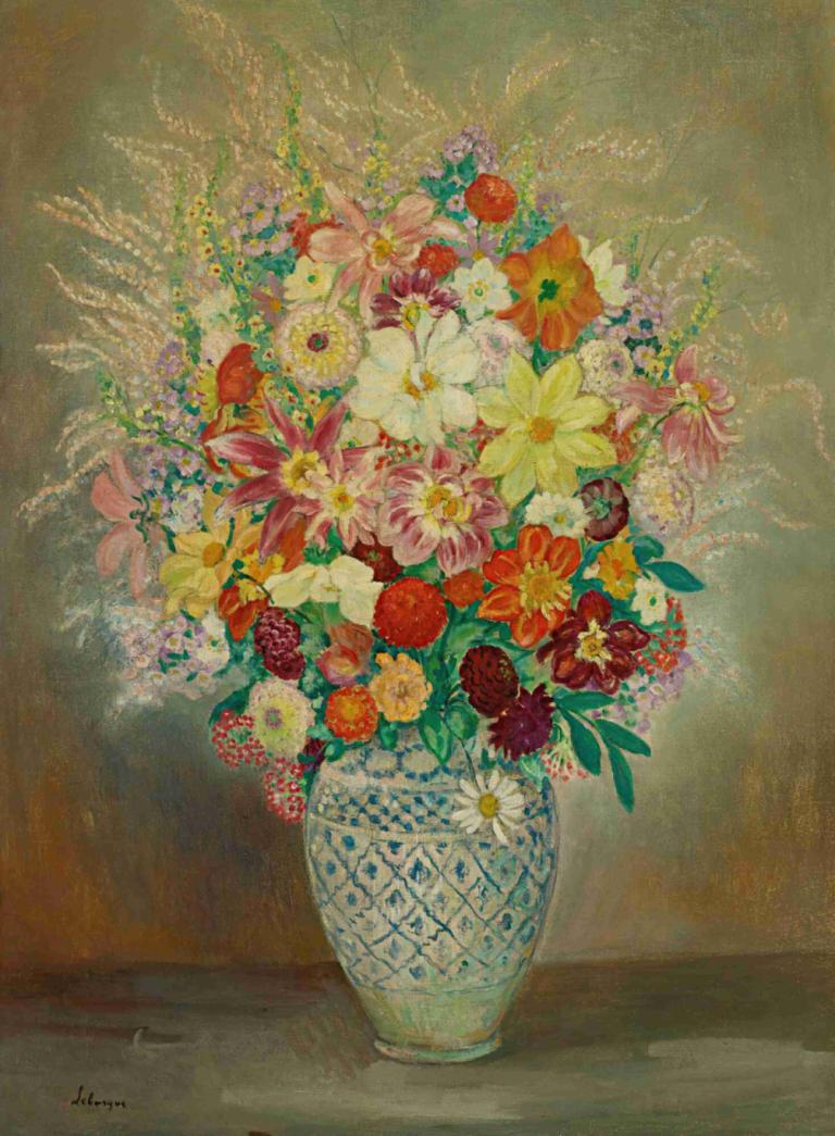 Composition Florale Aux Dahlias,Henri Lebasque,Oil Painting,Oil Painting, no humans, flower, red flower